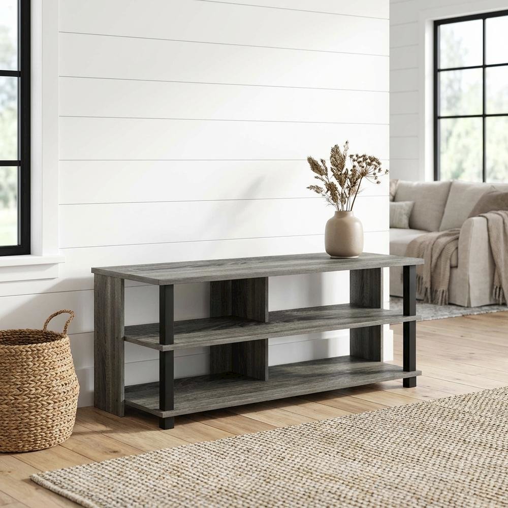 Wood TV stand in French Oak Grey, Black, three tiers, up to 50-inch TVs. Picture 2