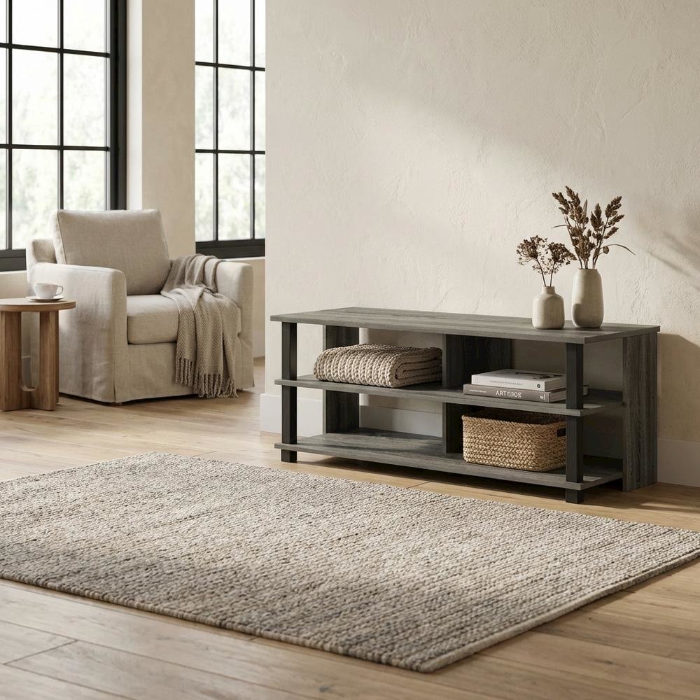 Wood TV stand in French Oak Grey, Black, three tiers, up to 50-inch TVs. Picture 3