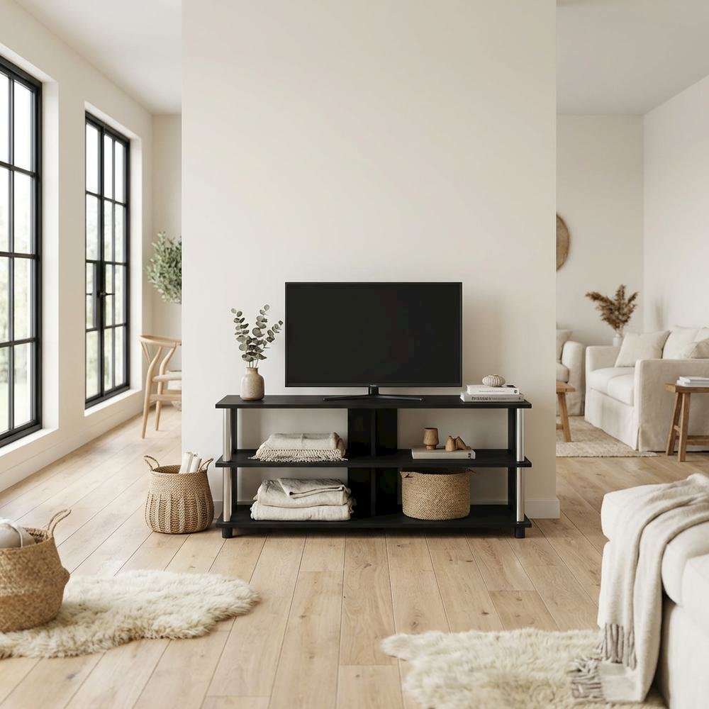 Wooden TV stand in Americano finish with stainless steel tubes, 3-tier design. Picture 3