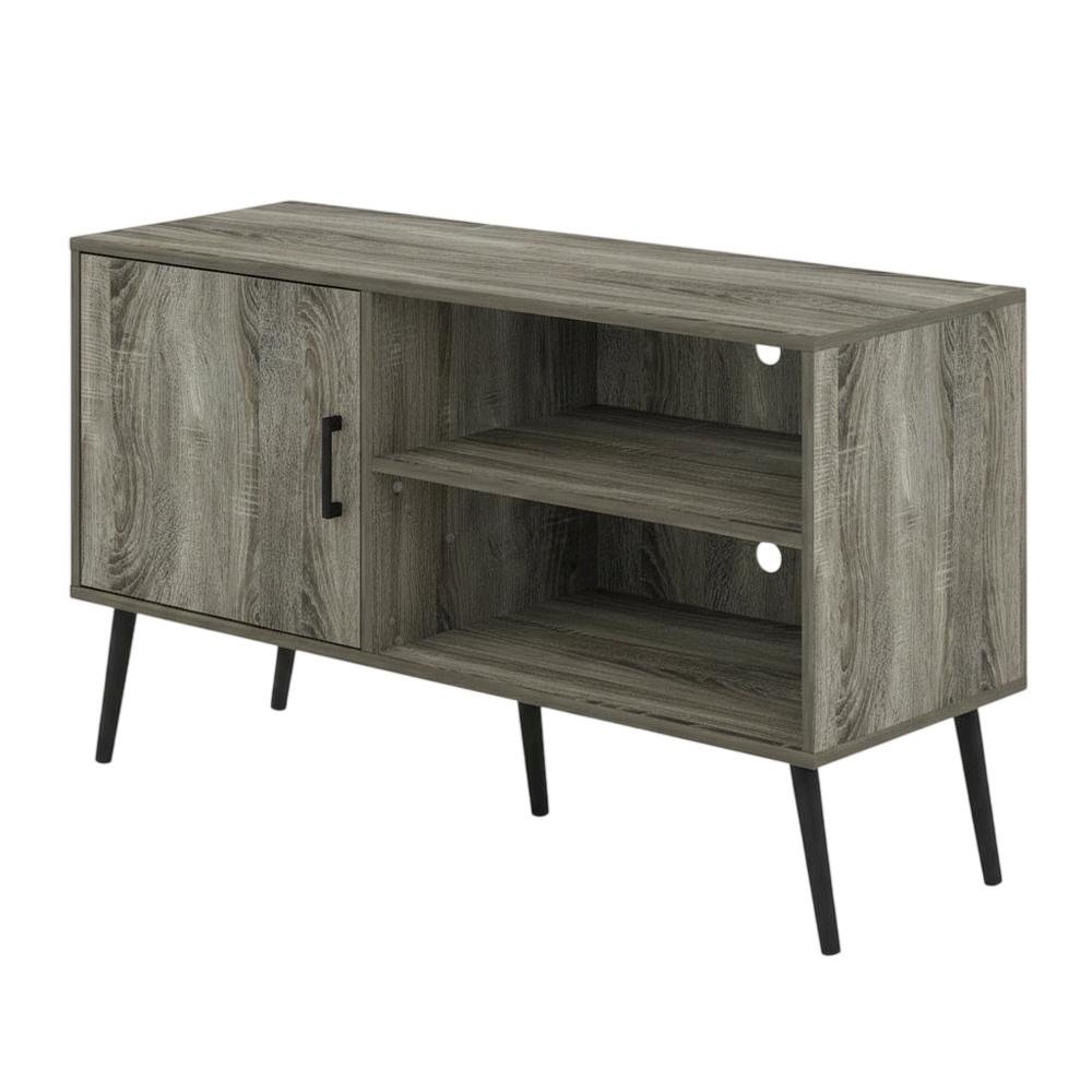 Mid Century Style TV Stand, Wood Legs, French Oak Grey Finish, Single Cabinet. Picture 1
