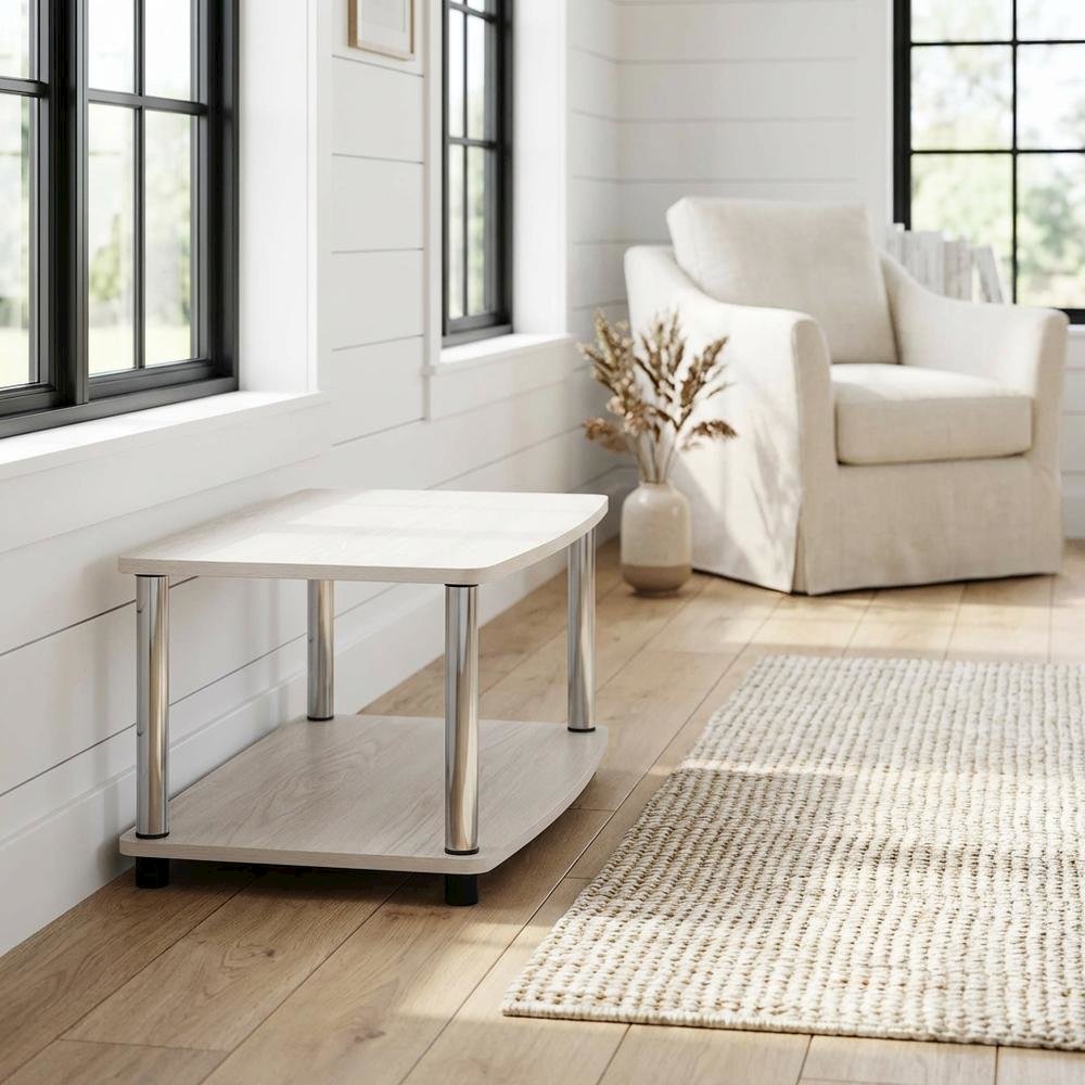 White Oak, Chrome TV Stand, Elevated 2-Tier Design, Wooden Construction. Picture 2