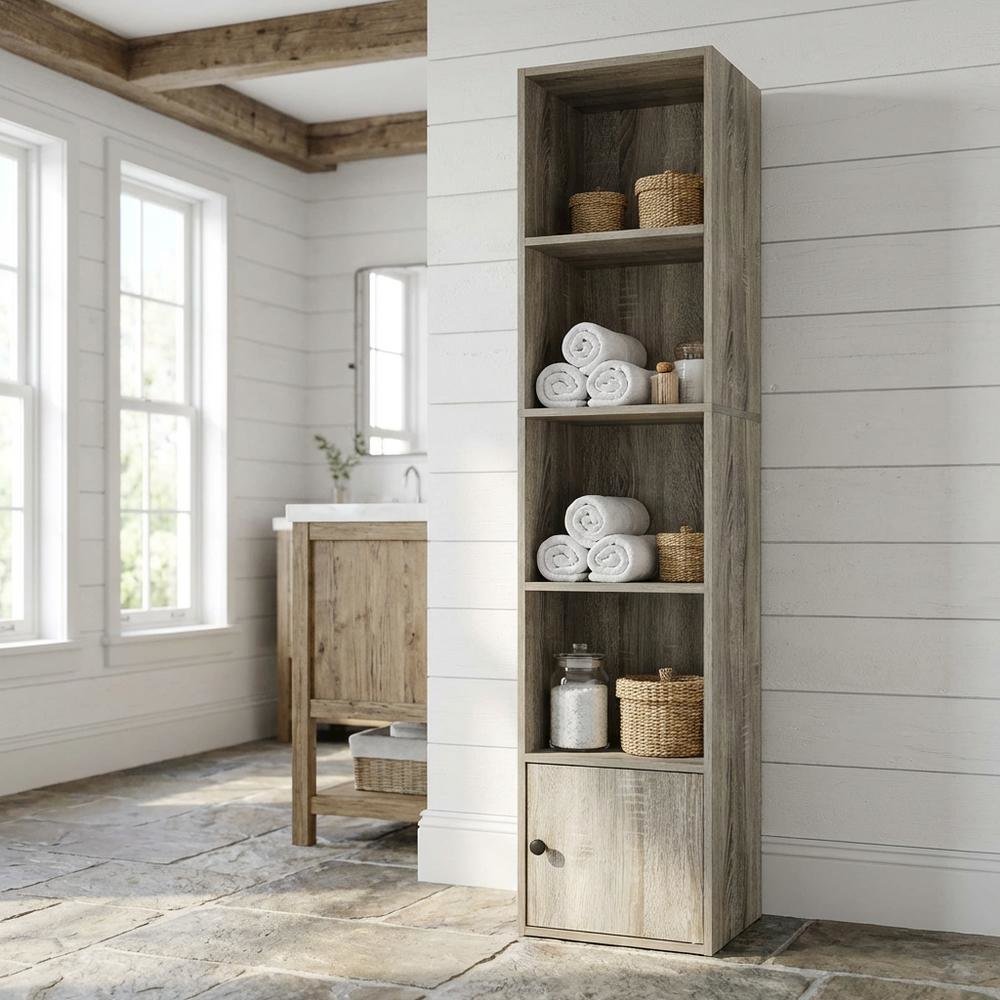 Brown 5-Tier Shelf Bookcase with Door Storage Cabinet for Living Room. Picture 2