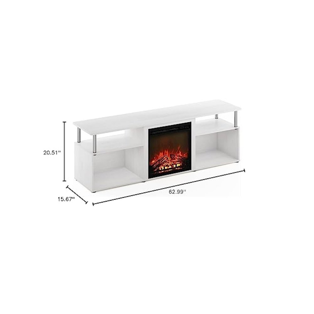 Furinno Jensen Fireplace Entertainment Center for TV up to 70 Inch with Stainless Steel Tubes, White Oak/Chrome. Picture 8