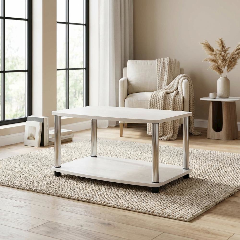 White Oak, Chrome TV Stand, Elevated 2-Tier Design, Wooden Construction. Picture 3