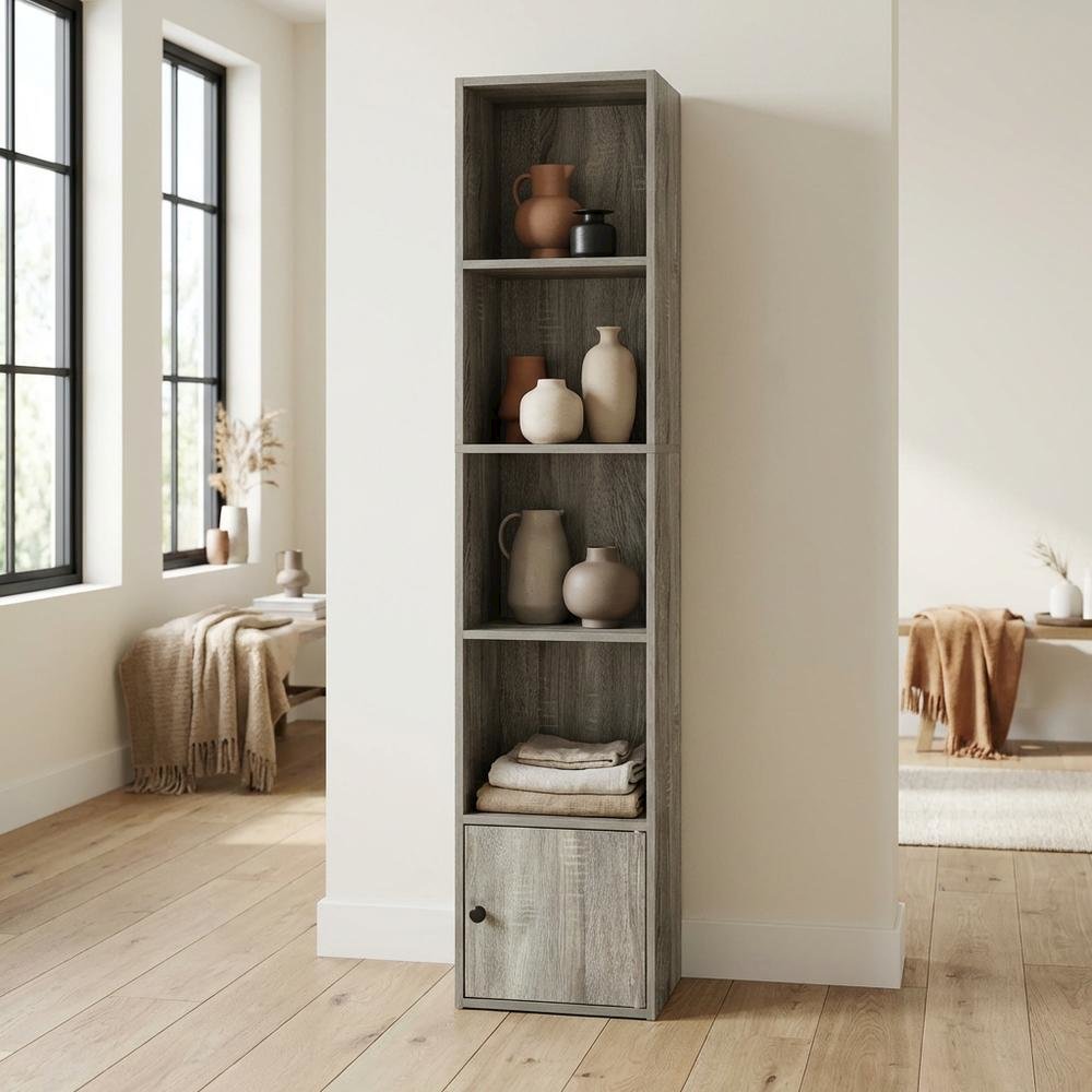 Brown 5-Tier Shelf Bookcase with Door Storage Cabinet for Living Room. Picture 3