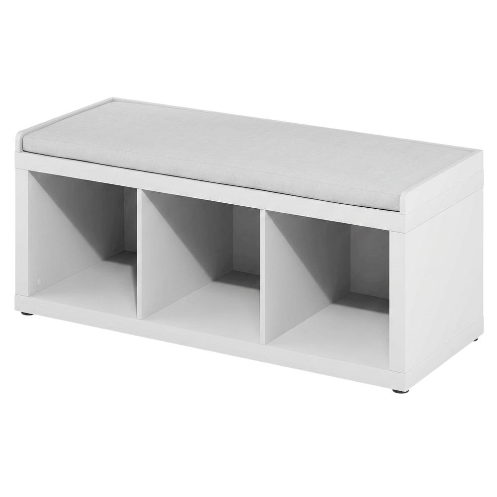 White 3-Cube Storage Bench, Cushioned Seat, Open Compartments, Entryway Bench. Picture 1