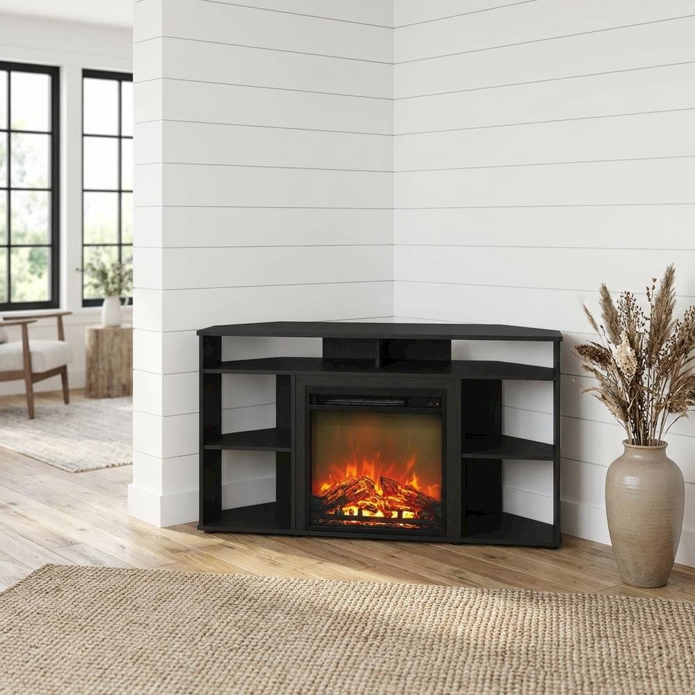 Wooden corner TV stand with fireplace for up to 55-inch screens, Americano style. Picture 2