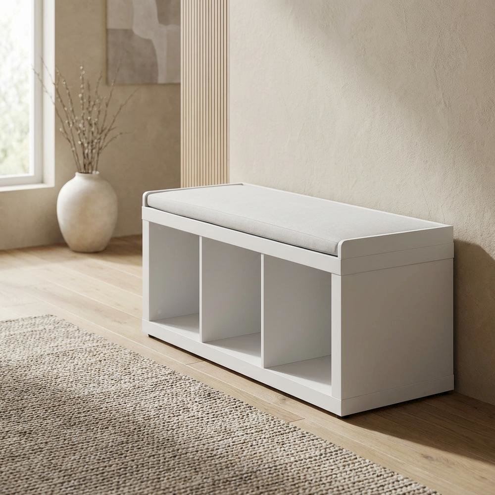 White 3-Cube Storage Bench, Cushioned Seat, Open Compartments, Entryway Bench. Picture 2