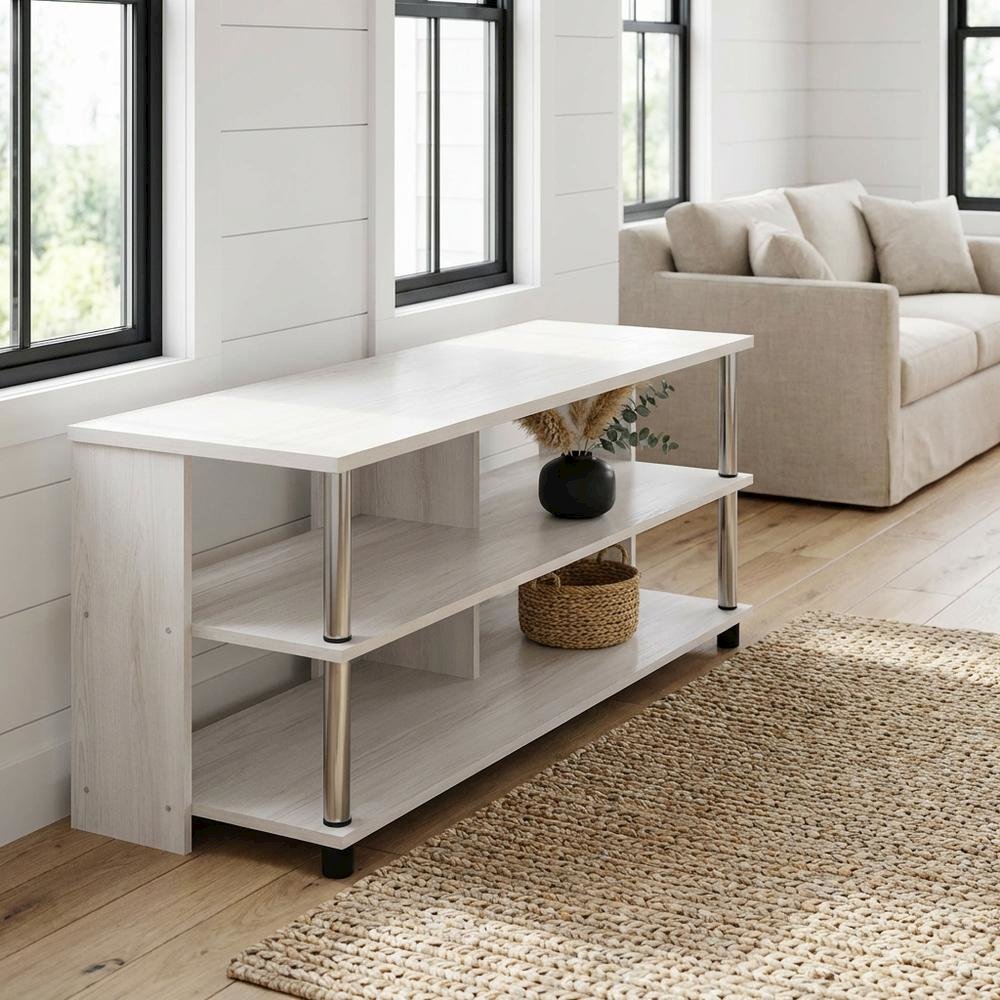 White Oak TV Stand, 3-Tier Design, Stainless Steel Tubes, up to 48 inches. Picture 2
