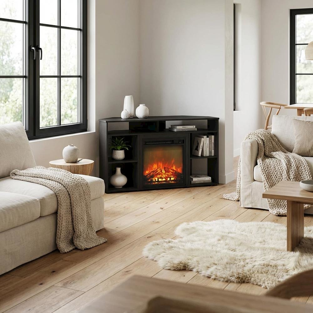 Wooden corner TV stand with fireplace for up to 55-inch screens, Americano style. Picture 3
