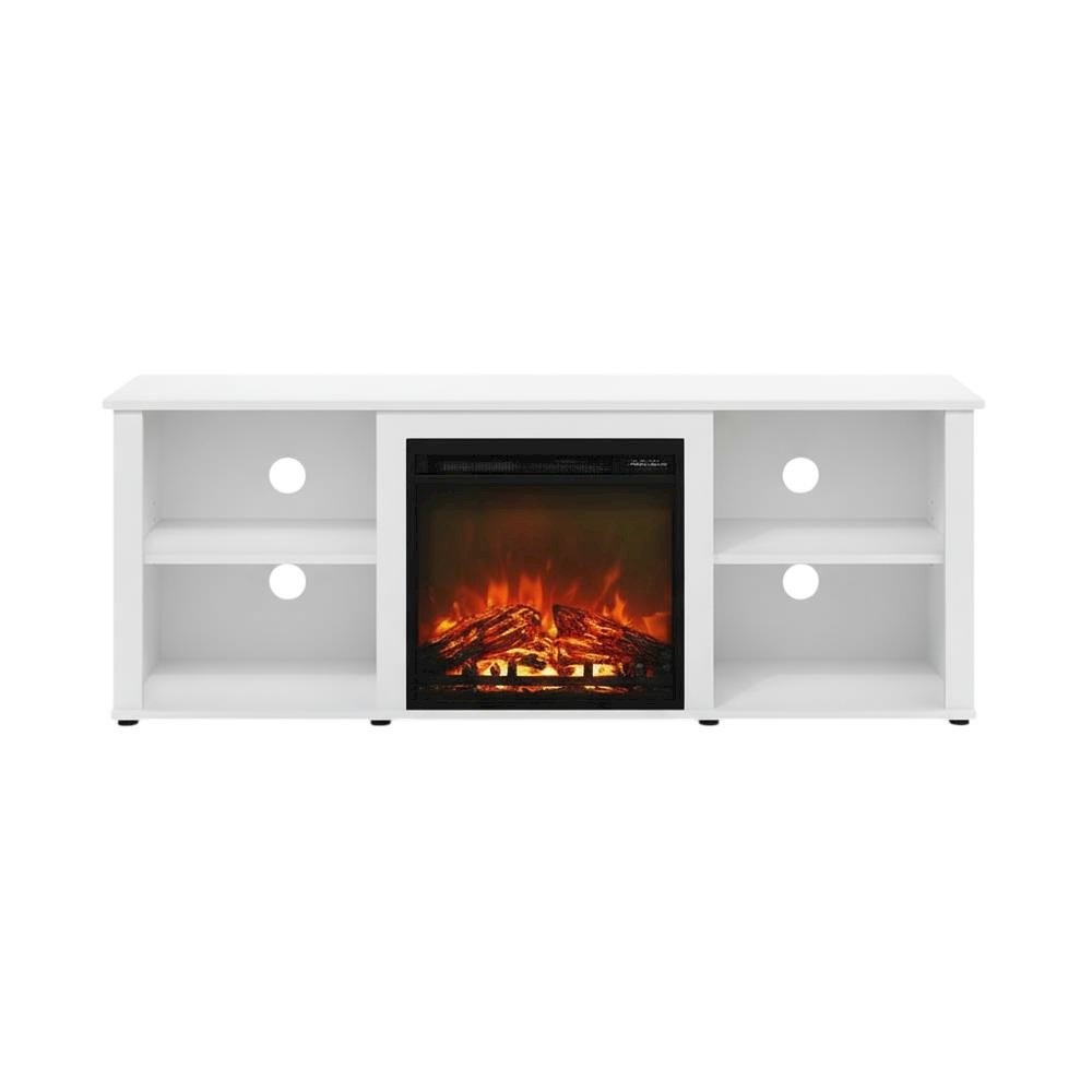 Solid White TV Stand with Fireplace and Wood Construction for Living Room. Picture 4