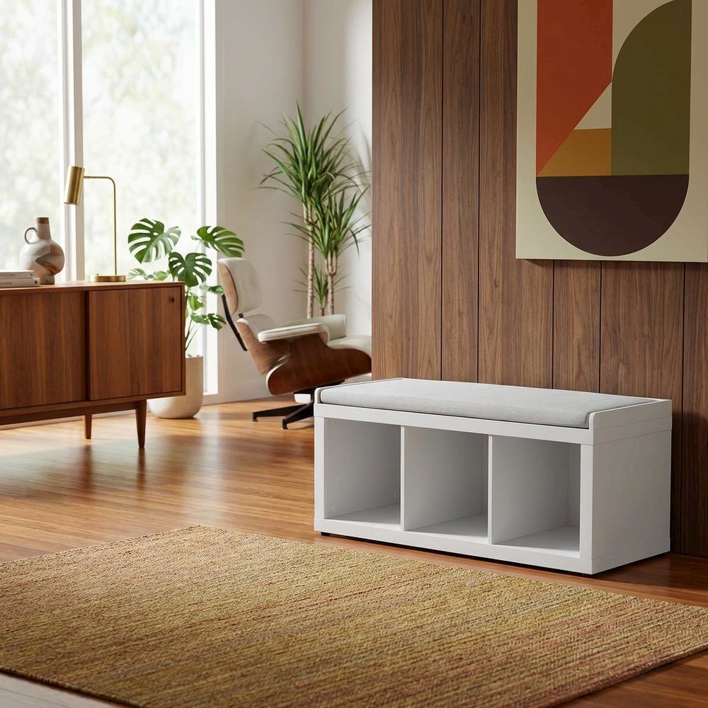 White 3-Cube Storage Bench, Cushioned Seat, Open Compartments, Entryway Bench. Picture 3