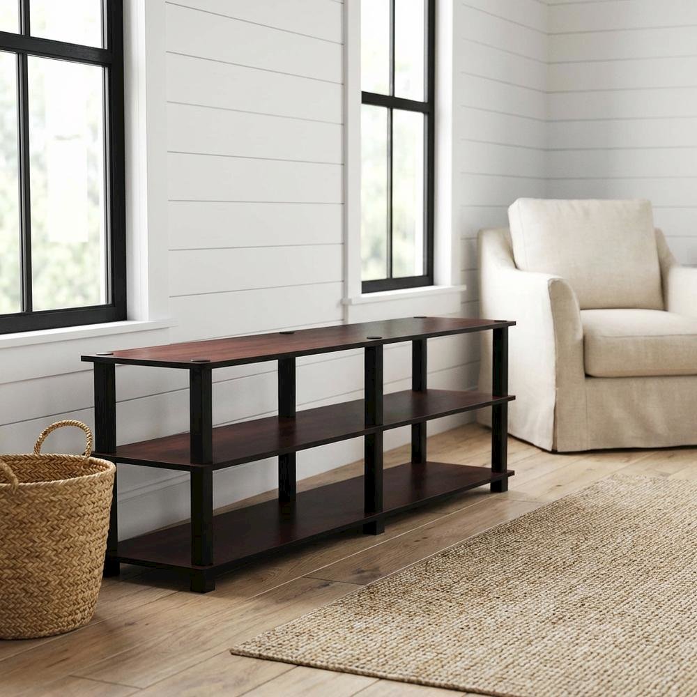Dark Cherry/Black TV Stand with 3 Tiers and Engineered Wood Storage. Picture 2
