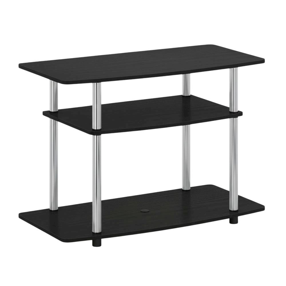 Wood TV stand in Americano, Chrome finish, three-tier shelving, media storage. Picture 1