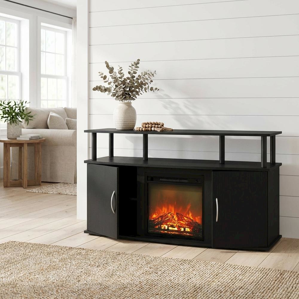 Brown Fireplace Entertainment Center, Doors, Storage Cabinet, 55-Inch TVs. Picture 2