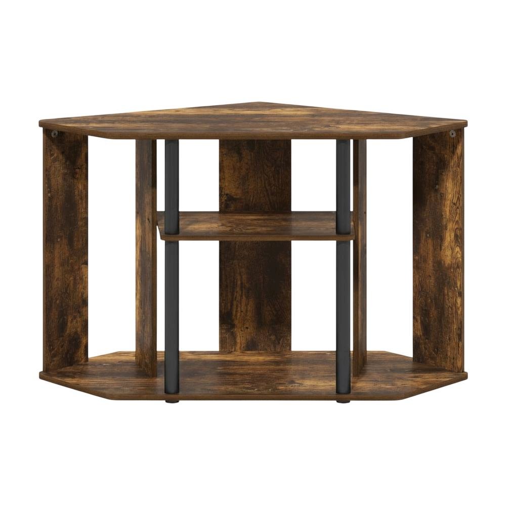 Wood TV Stand, Plastic Poles, Up to 43-Inch Screen in Amber Pine, Black. Picture 4
