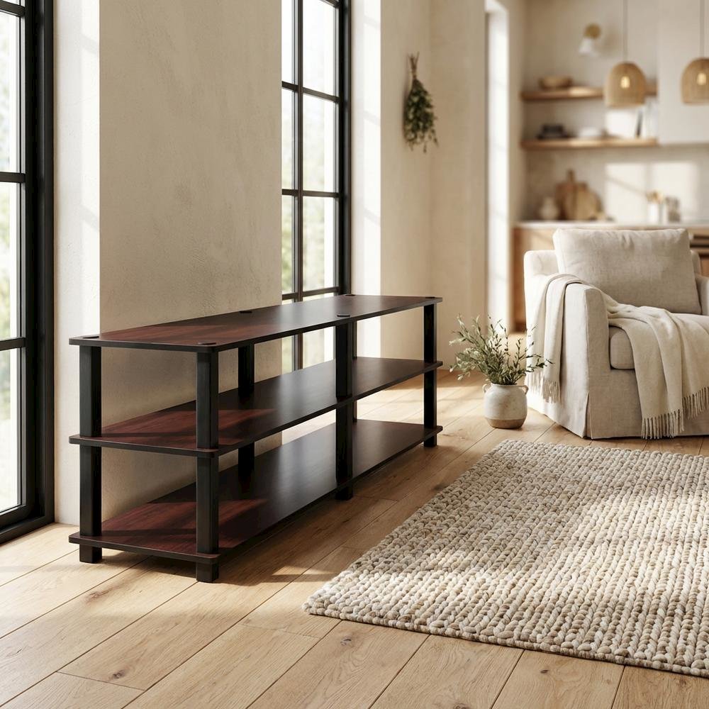Dark Cherry/Black TV Stand with 3 Tiers and Engineered Wood Storage. Picture 3