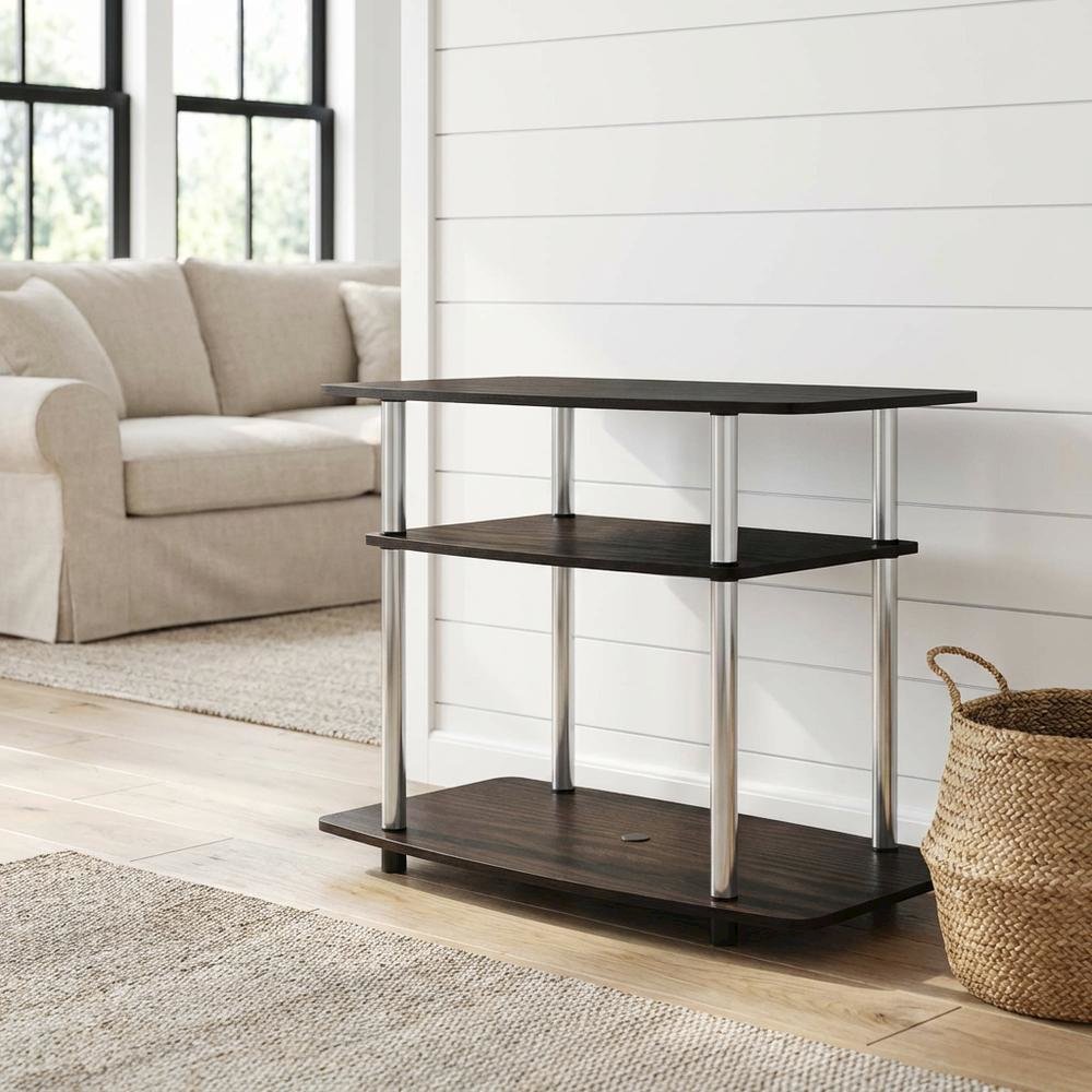 Wood TV stand in Americano, Chrome finish, three-tier shelving, media storage. Picture 2