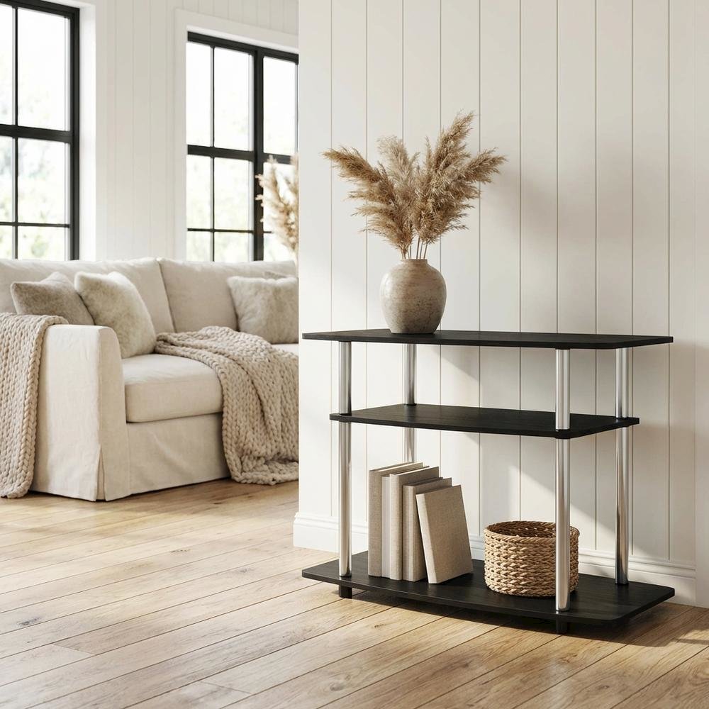 Wood TV stand in Americano, Chrome finish, three-tier shelving, media storage. Picture 3
