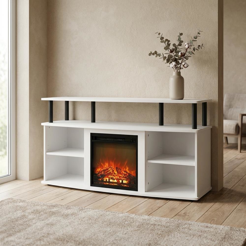 White open shelving, fireplace entertainment center, 55-inch TVs, rubberwood. Picture 3