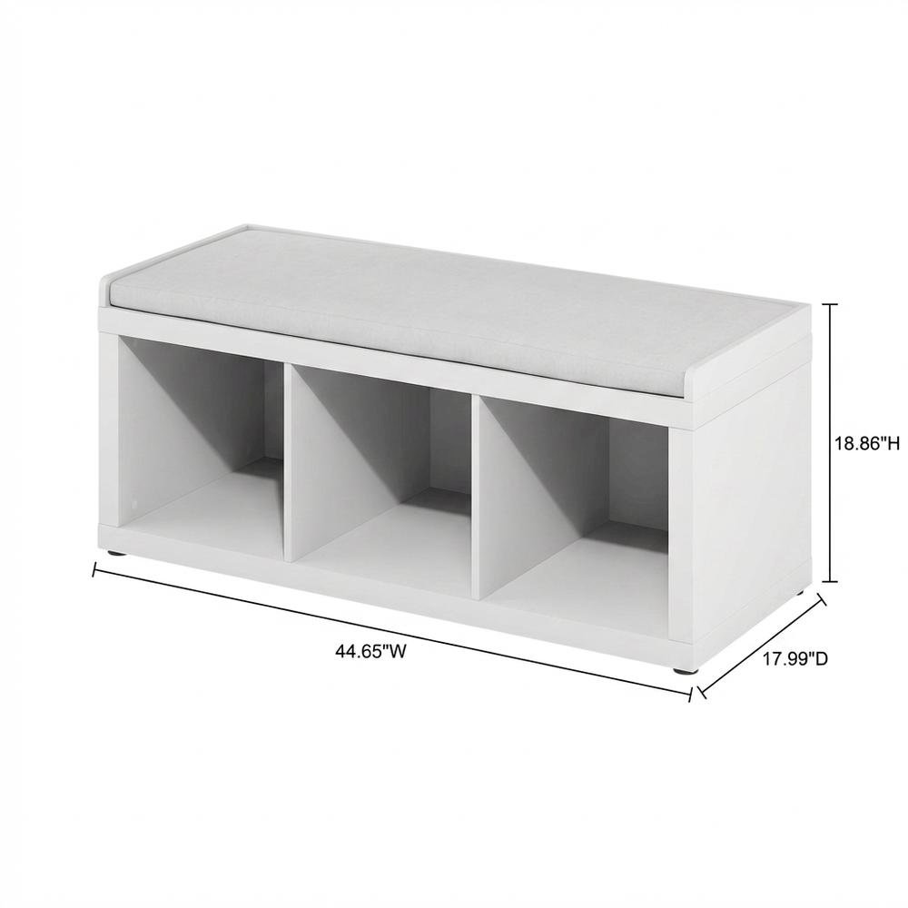 White 3-Cube Storage Bench, Cushioned Seat, Open Compartments, Entryway Bench. Picture 7