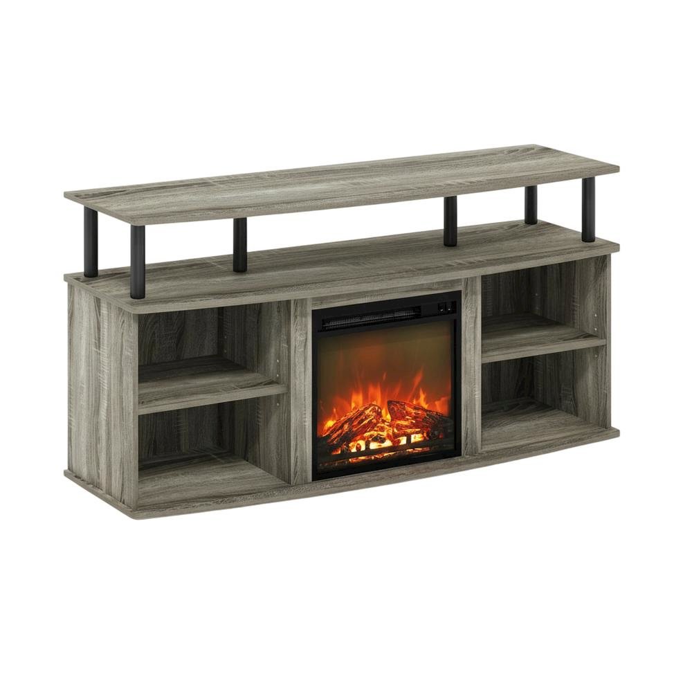 Gray open shelving TV stand, 55-inch displays, solid rubberwood. Picture 1