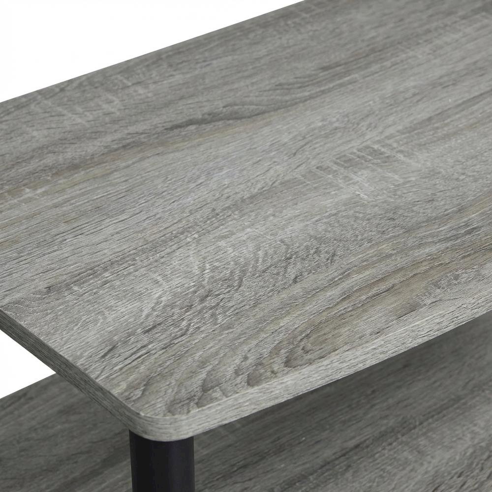 Elevated TV Stand with No Tools Assembly in French Oak Grey and Black Finish. Picture 5