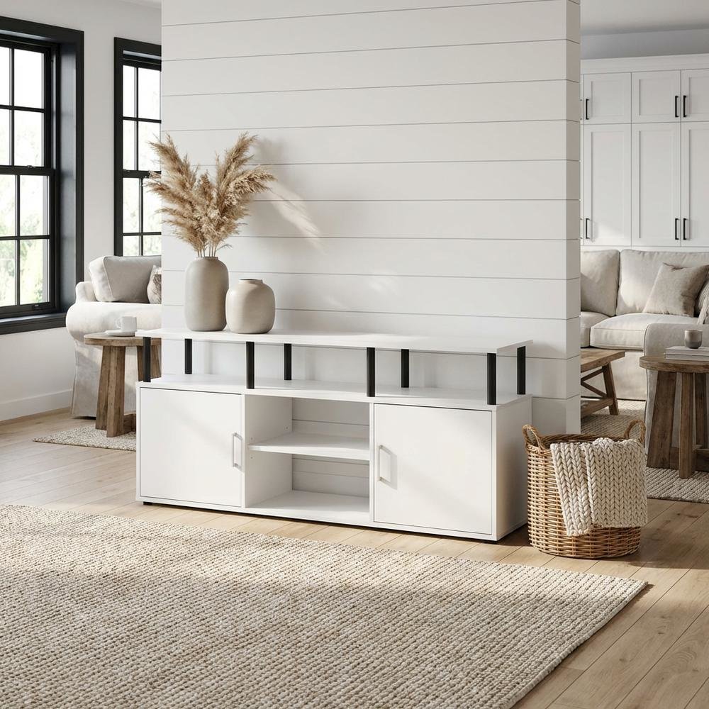 Wood TV Stand for 70 Inch Screens in White and Black with Modern Design. Picture 2