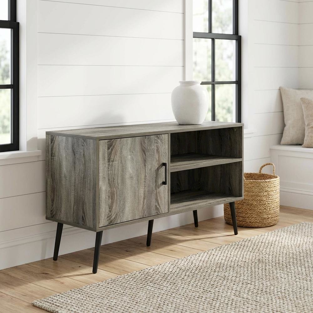 Mid Century Style TV Stand, Wood Legs, French Oak Grey Finish, Single Cabinet. Picture 2