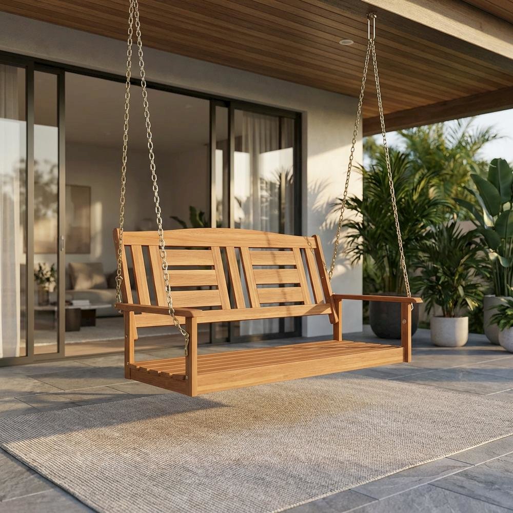 Teak Oil Finished Wood Swing Chair with Chain for Outdoor Relaxation. Picture 2