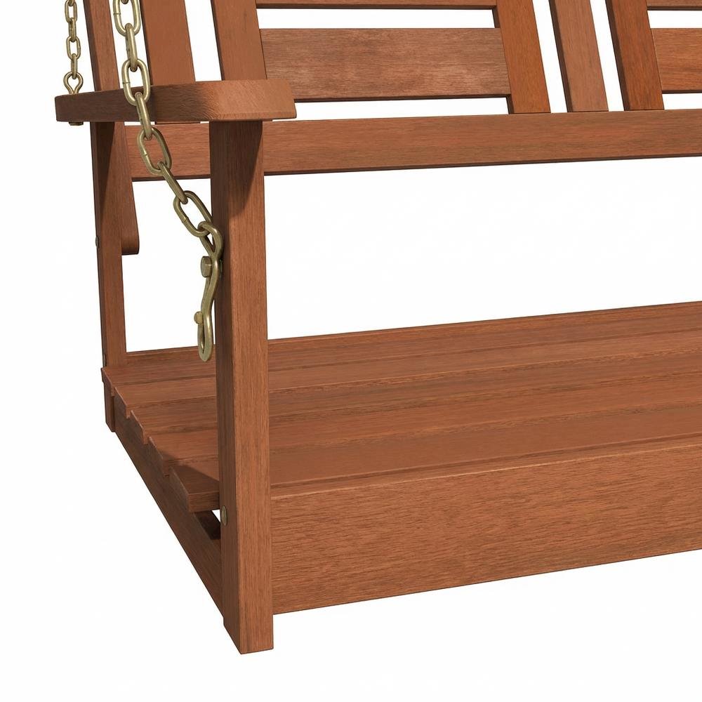 Teak Oil Finished Wood Swing Chair with Chain for Outdoor Relaxation. Picture 6