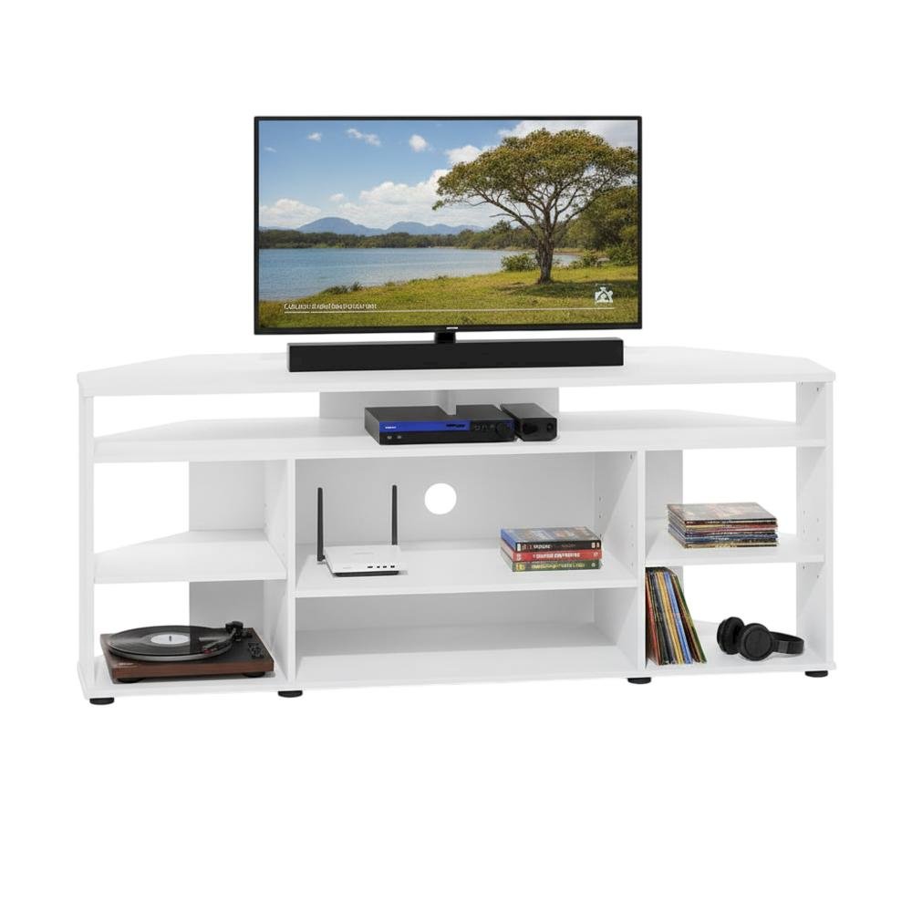 White Corner TV Stand, up to 55-Inch Flat Screens, Solid Rubberwood. Picture 4