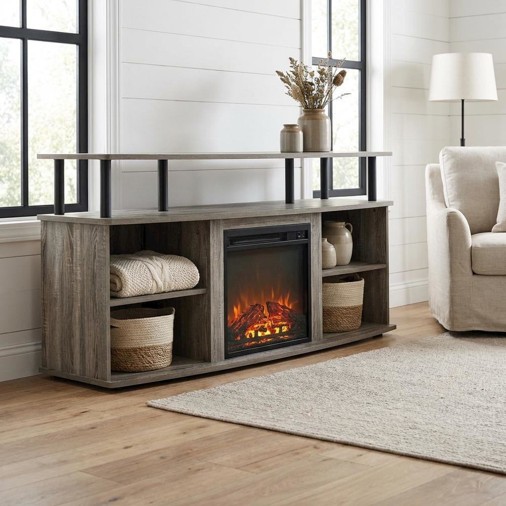 Gray open shelving TV stand, 55-inch displays, solid rubberwood. Picture 2