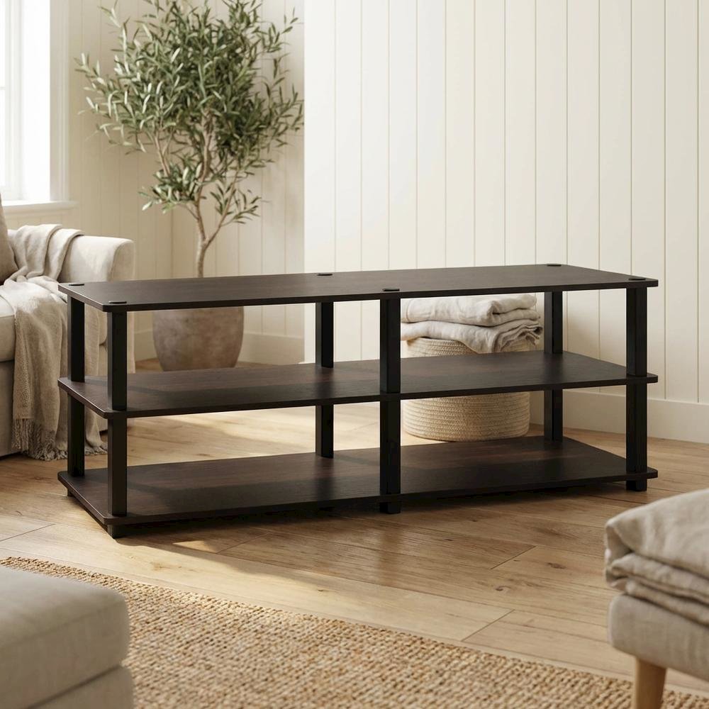 Espresso/Black 3-Tier TV Stand with Engineered Wood, No Tools Assembly. Picture 3