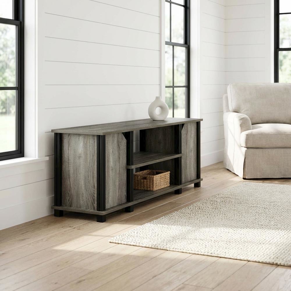 Wooden TV Stand with Shelves and Storage in French Oak/Black finish. Picture 2