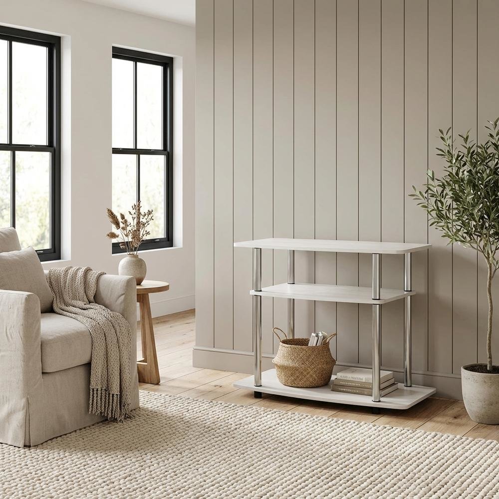 White Oak/Chrome TV Stand with 3-Tier Shelving and Wooden Construction. Picture 3