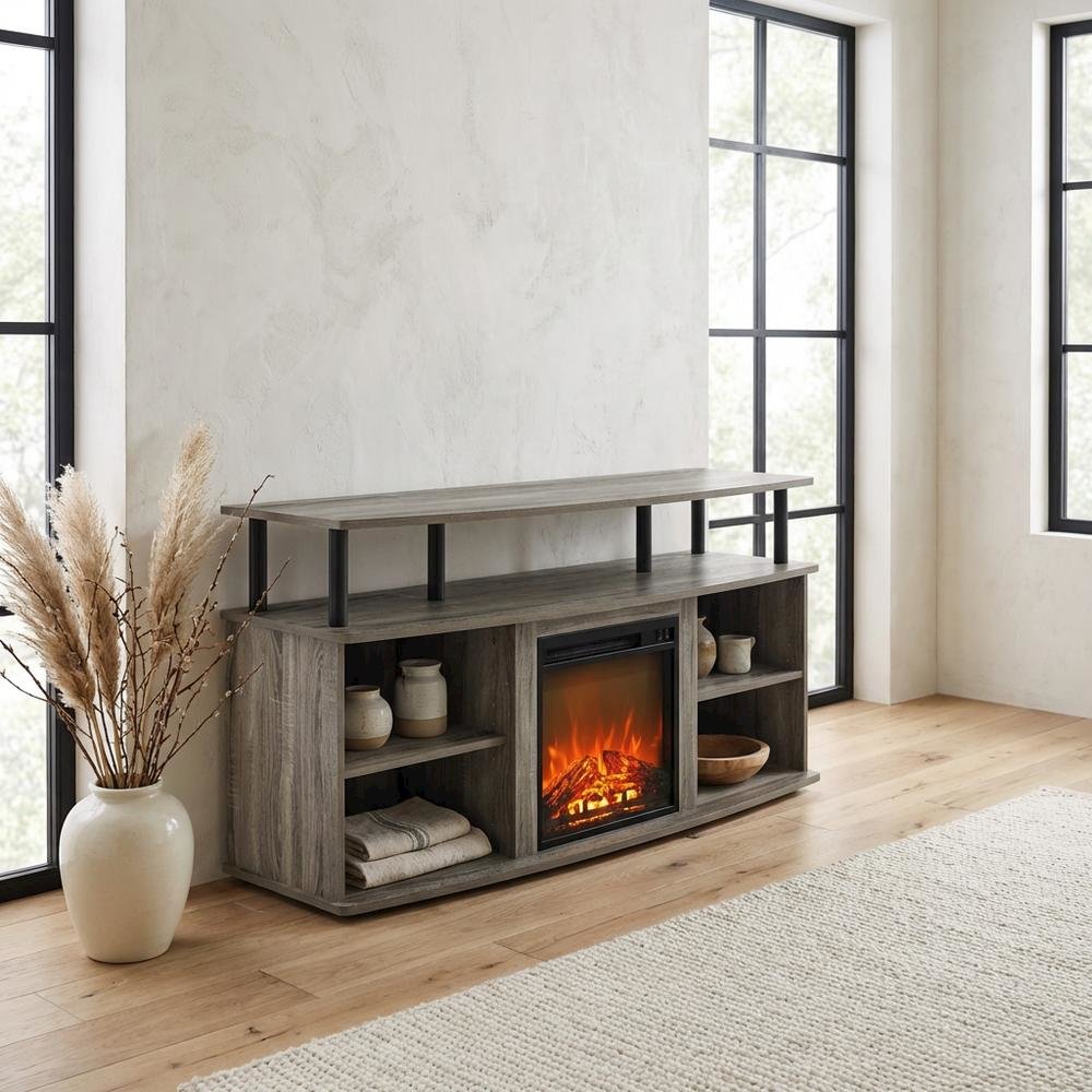 Gray open shelving TV stand, 55-inch displays, solid rubberwood. Picture 3