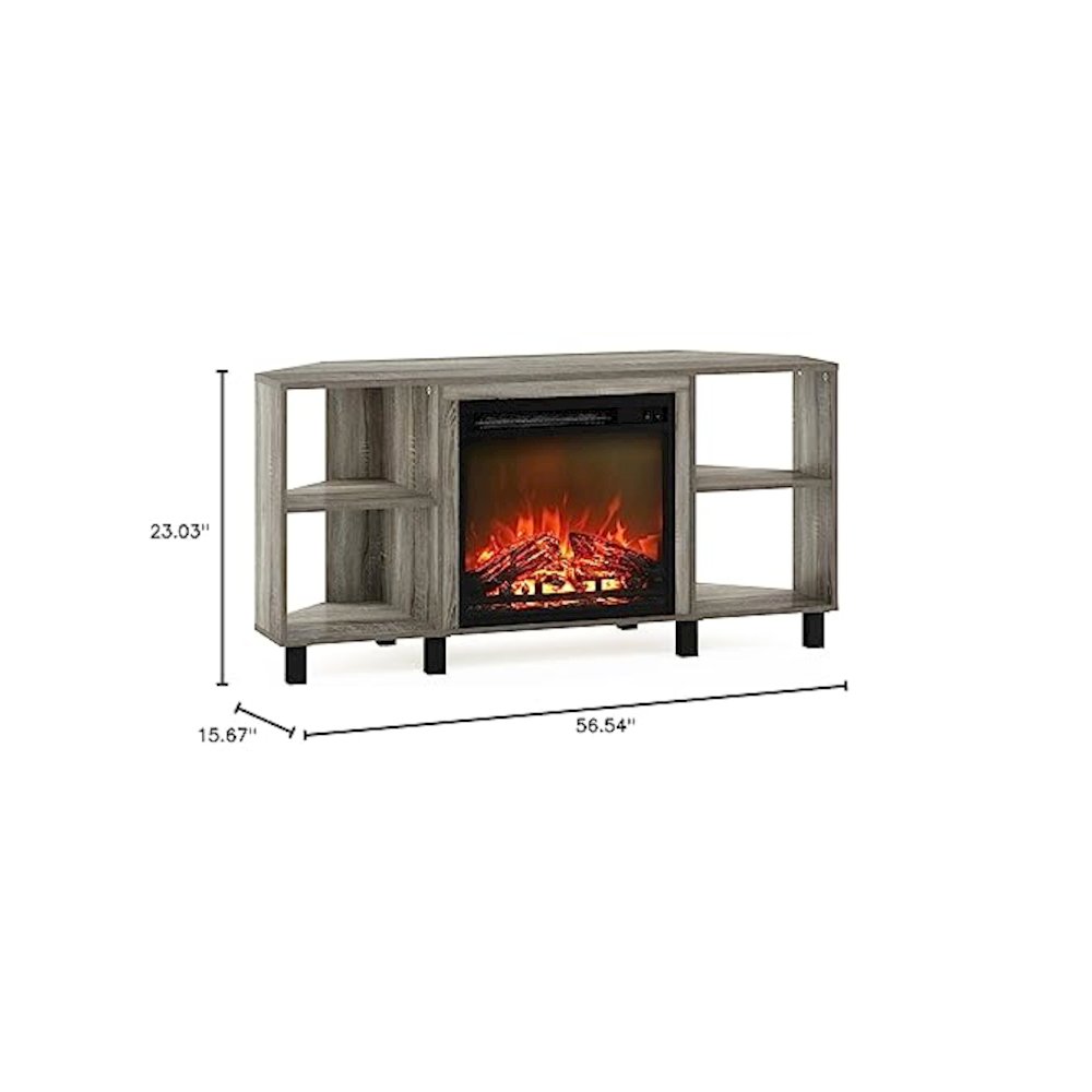 Furinno Jensen Corner Fireplce TV Stand with Metal Leg for TV up to 55 Inches, French Oak Grey. Picture 9