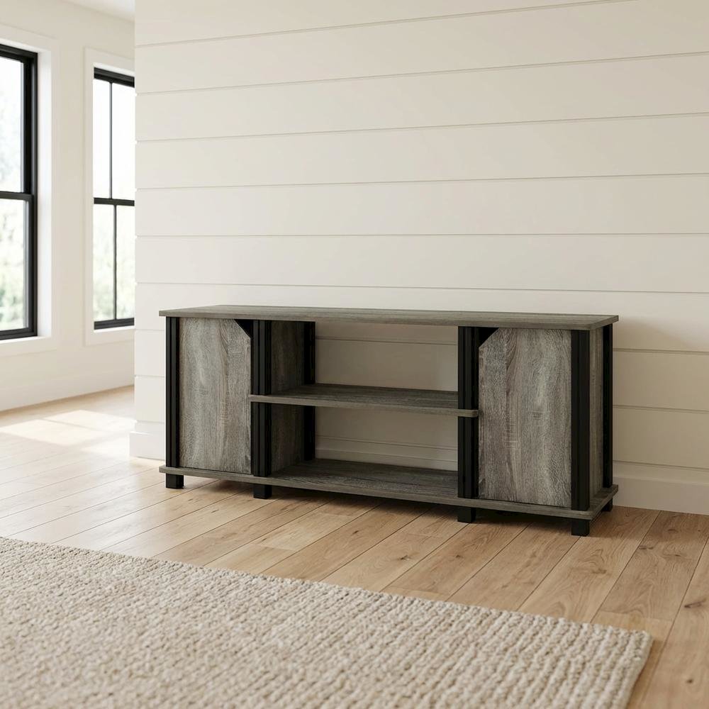 Wooden TV Stand with Shelves and Storage in French Oak/Black finish. Picture 3