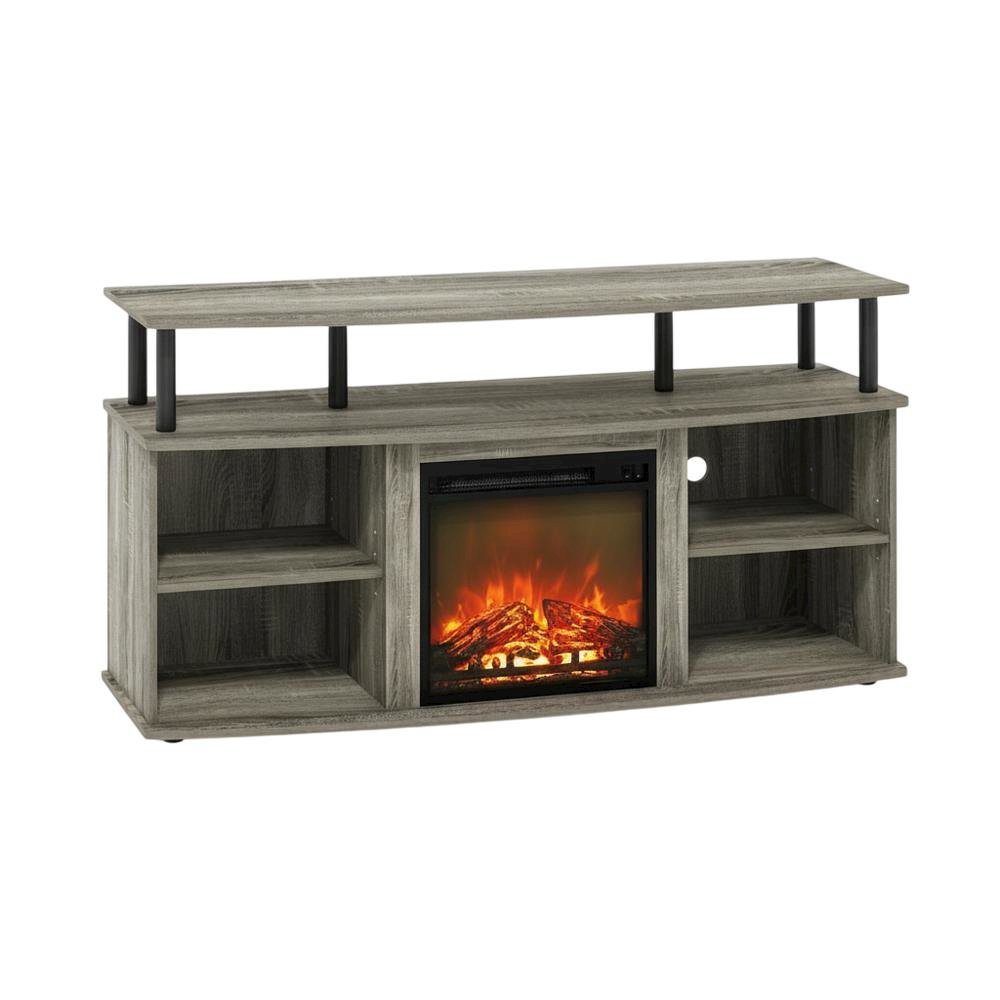 Gray open shelving TV stand, 55-inch displays, solid rubberwood. Picture 4
