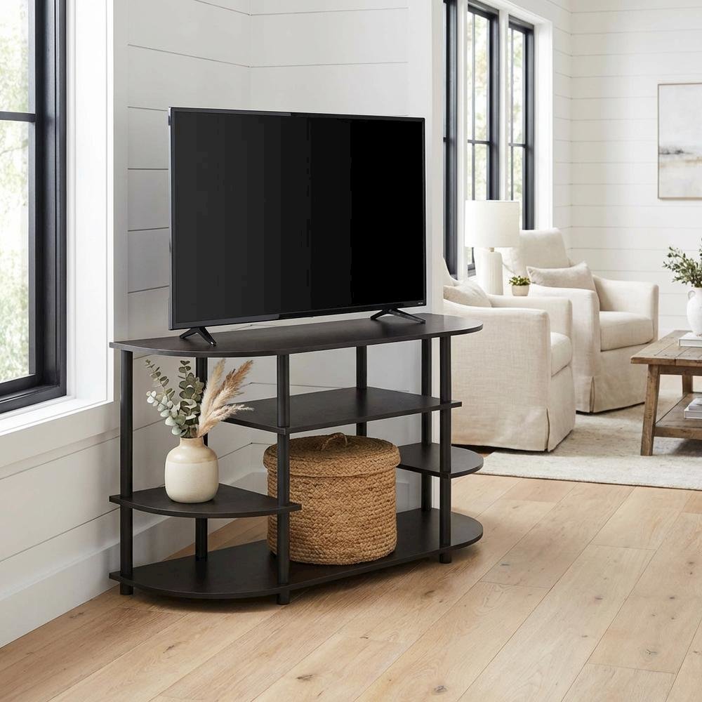 Black corner TV stand, simple design, composite wood, PVC construction. Picture 2