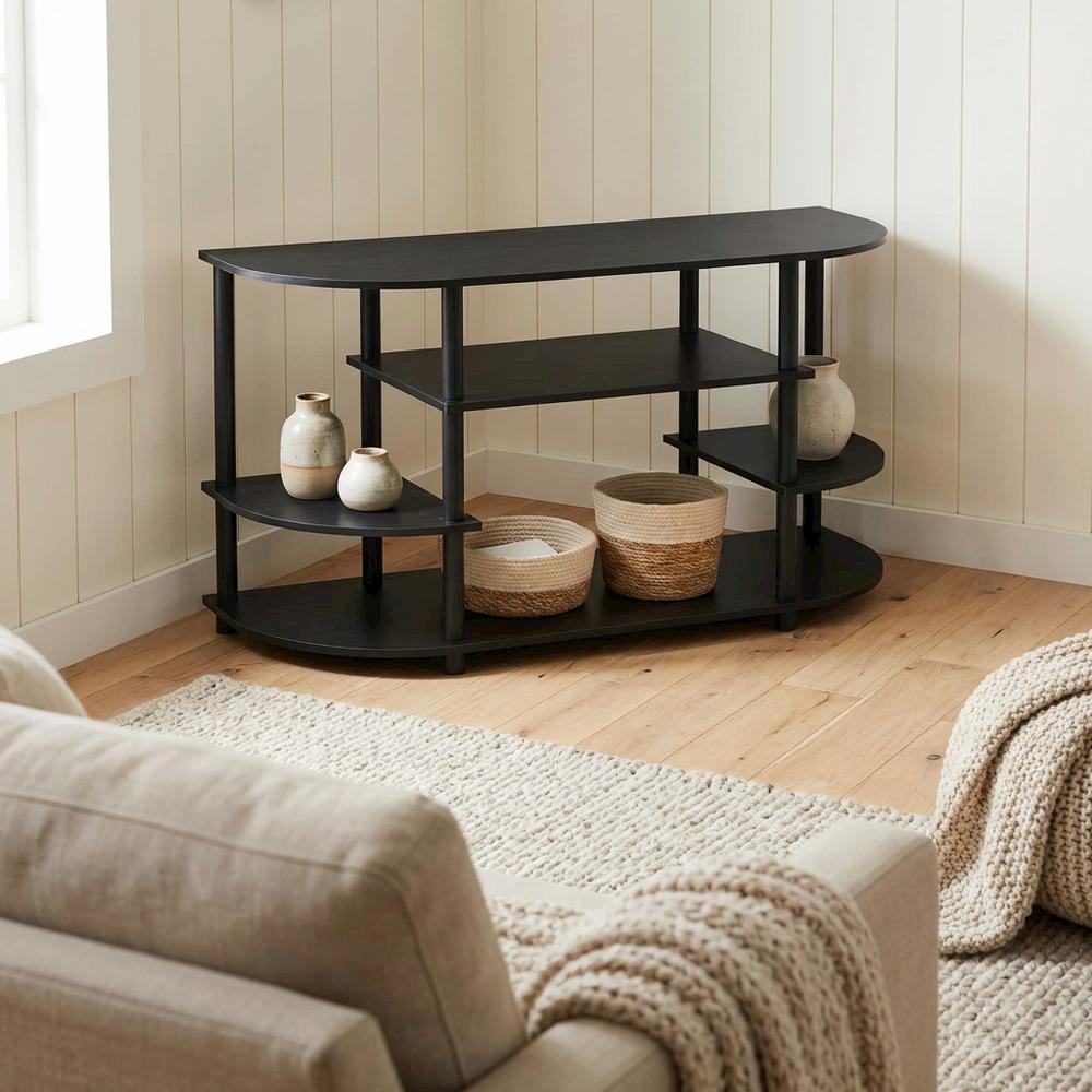 Black corner TV stand, simple design, composite wood, PVC construction. Picture 3