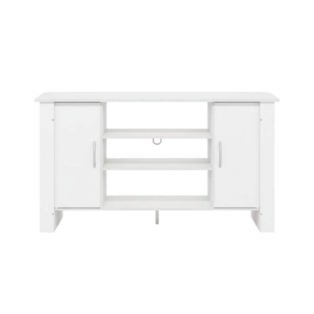 White TV Stand with Wood Finish and Storage Shelves. Picture 4