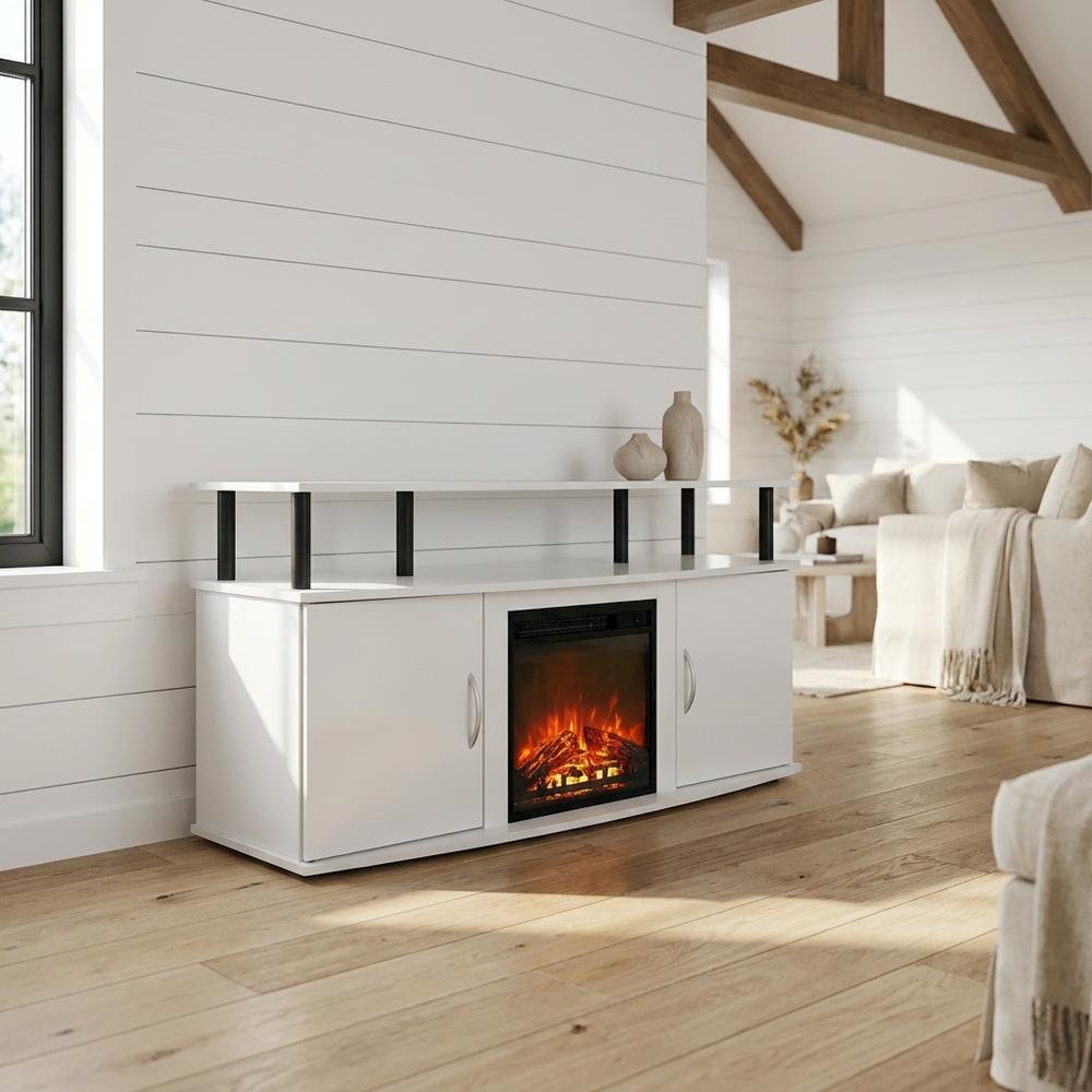 White Fireplace TV Stand for Up to 55 Inch TVs with Open Shelf Storage. Picture 2