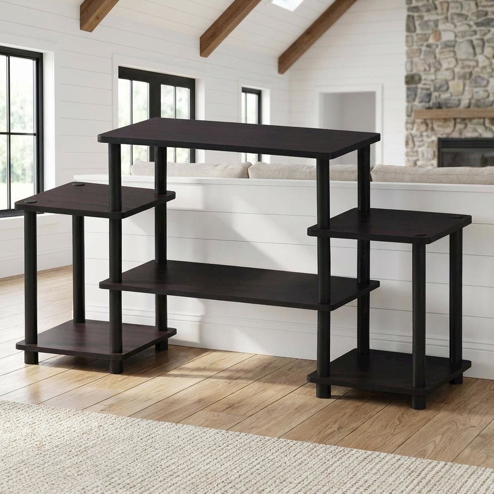 Dark Walnut Furinno No Tools Entertainment Center with Spacious Storage. Picture 2