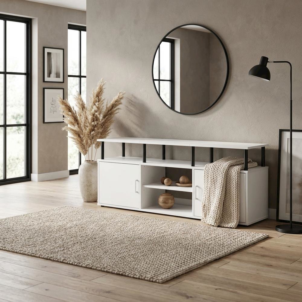 Wood TV Stand for 70 Inch Screens in White and Black with Modern Design. Picture 3