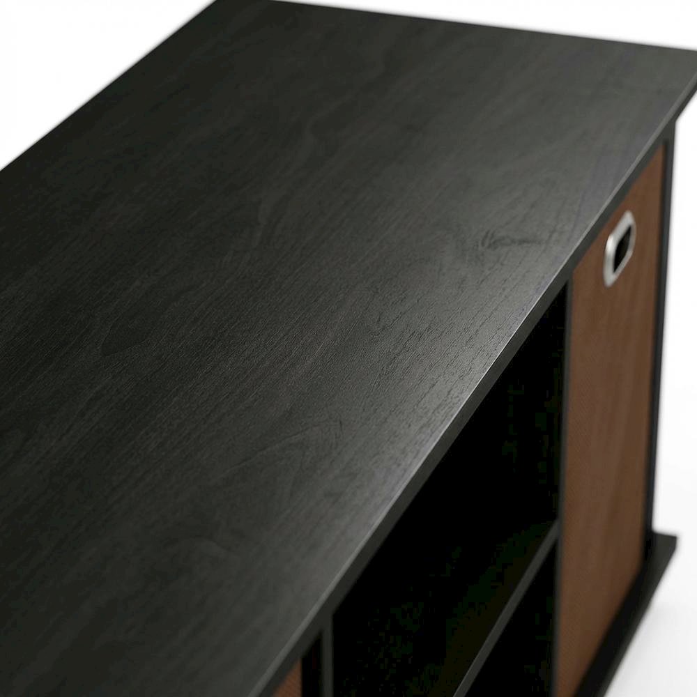Wooden Entertainment Center with Storage Bins in Americano and Black Finish. Picture 5