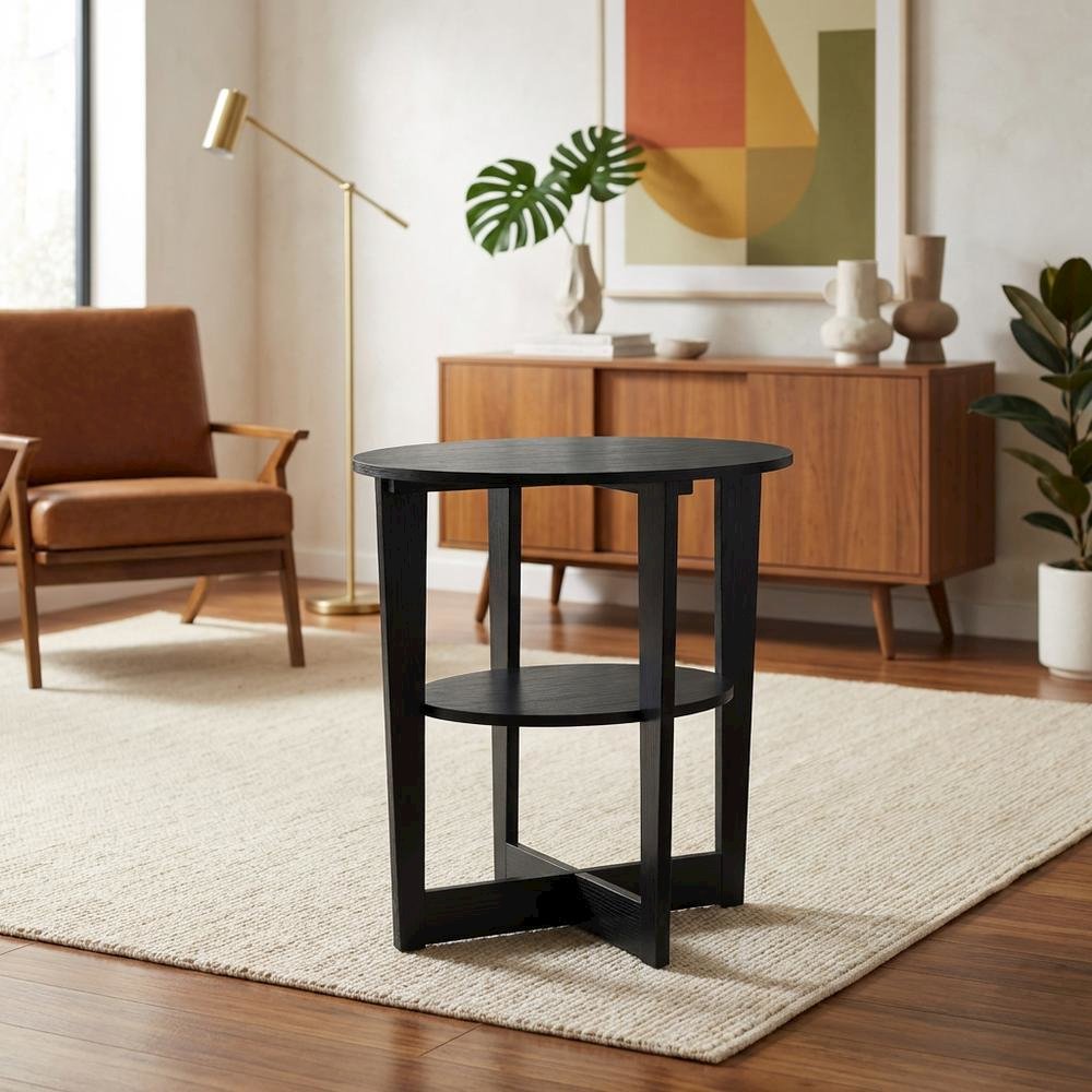 Walnut Round End Table with Sleek Modern Design for Living Room. Picture 3