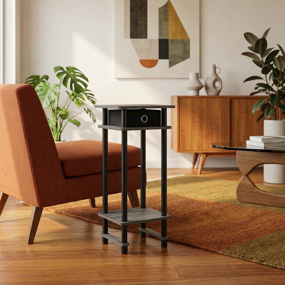French Oak Grey and Black Tall End Table with Storage Bin. Picture 3