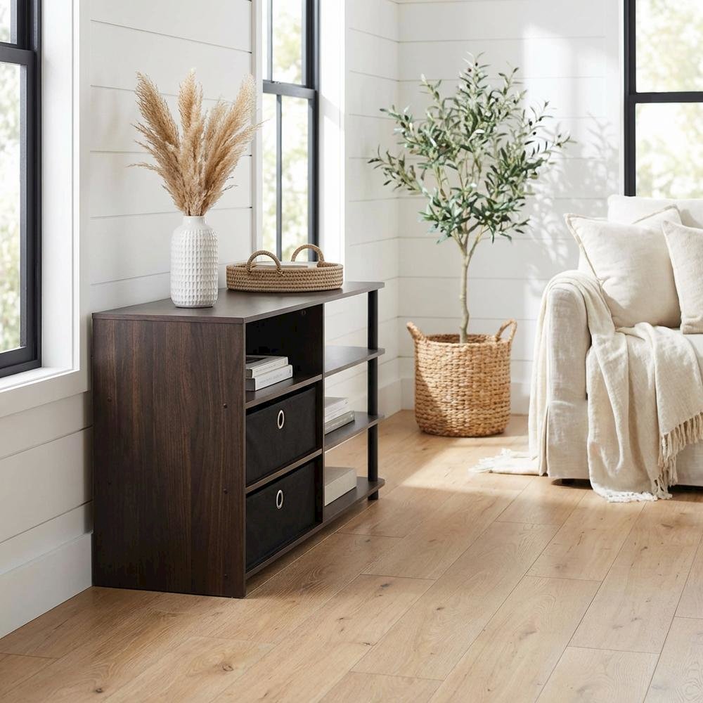 Walnut TV Stand, 50-Inch Screens, Storage Bins, Modern Design. Picture 2